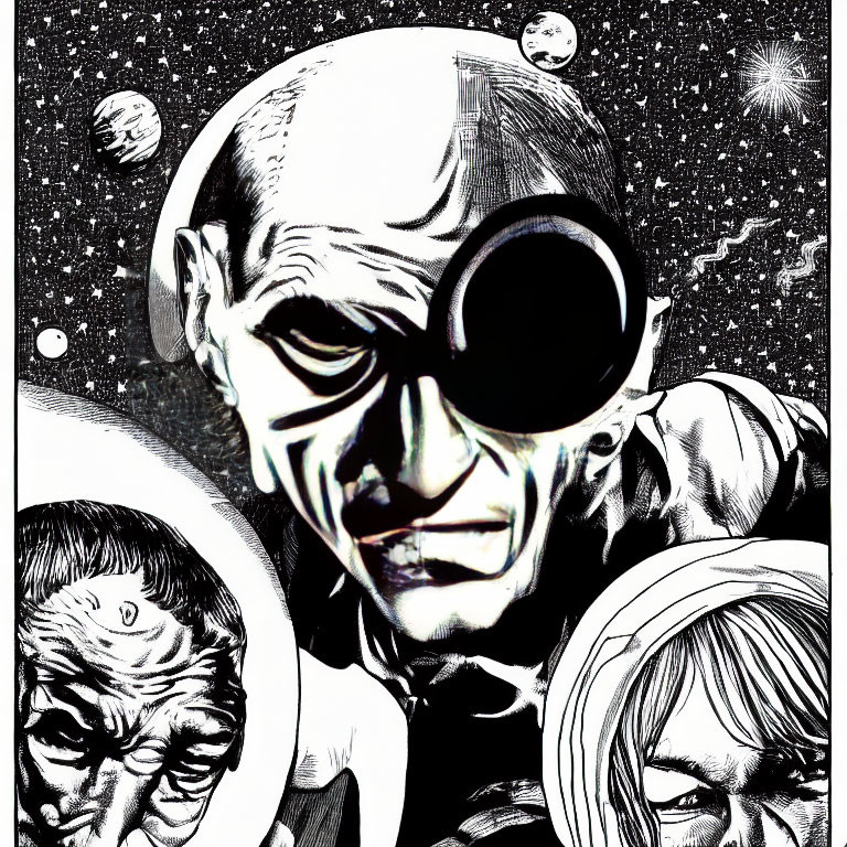 Monochrome Comic-Style Illustration with Male Character, Monocle, Faces, Planets,