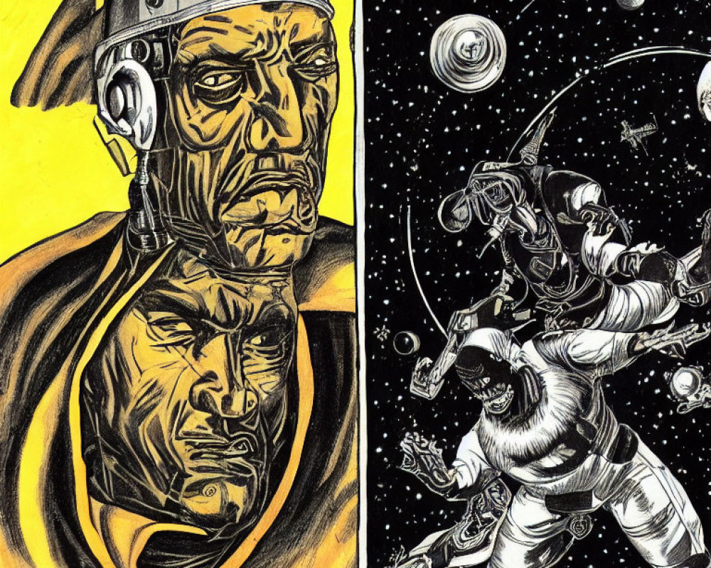 Split Illustration: Cyborg Face & Astronaut in Space