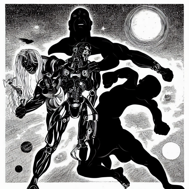 Monochrome cyborg with exposed internal mechanisms in outer space.