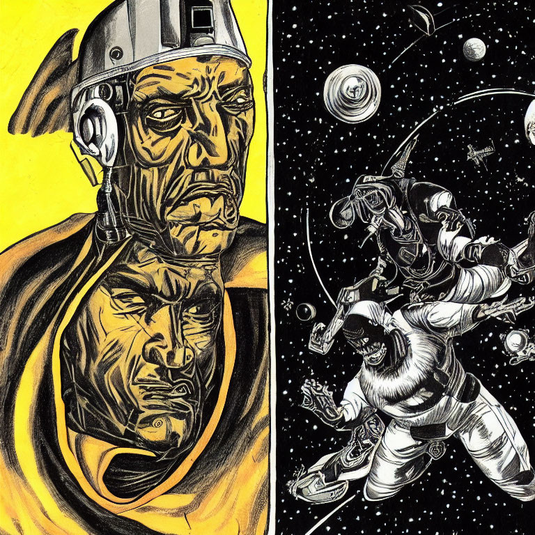 Split Illustration: Cyborg Face & Astronaut in Space