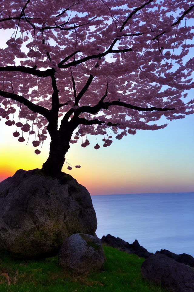 Cherry Blossom Tree in Full Bloom Overlooking Serene Seascape