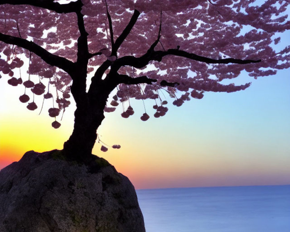 Cherry Blossom Tree in Full Bloom Overlooking Serene Seascape