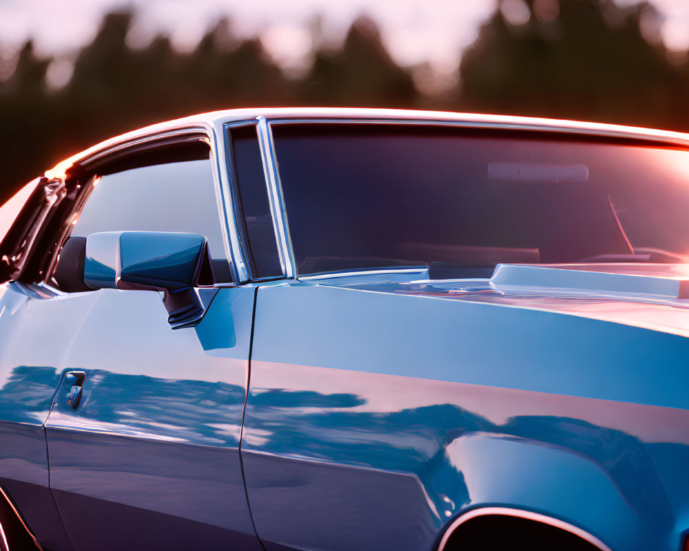 Classic Car Rearview Mirror Close-Up at Sunset with Sleek Lines in Vibrant Blue