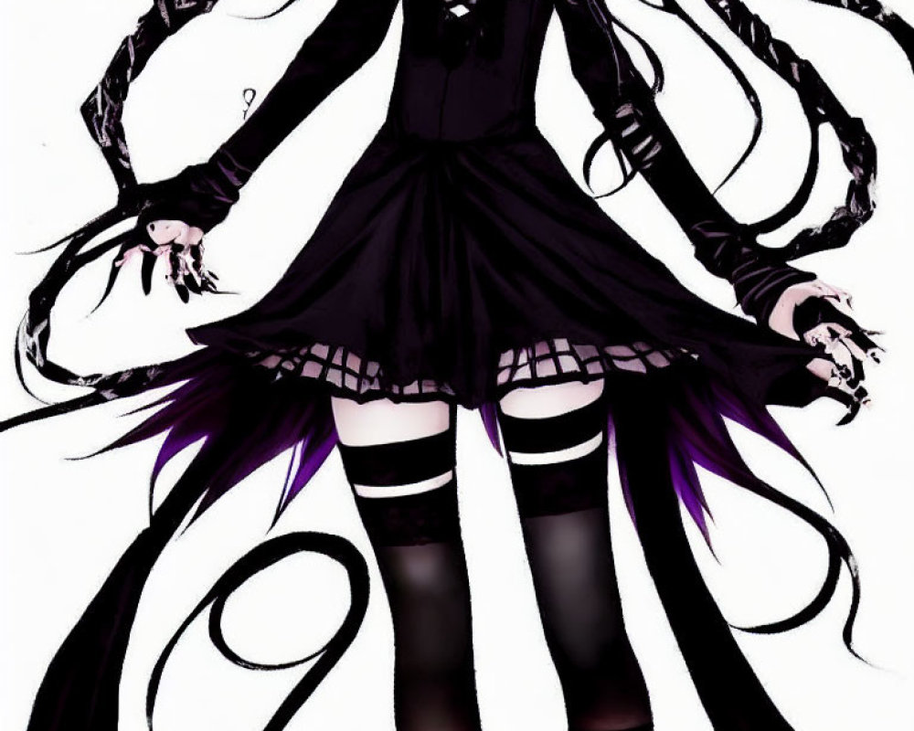 Illustrated character with long hair and gothic attire holding small figures