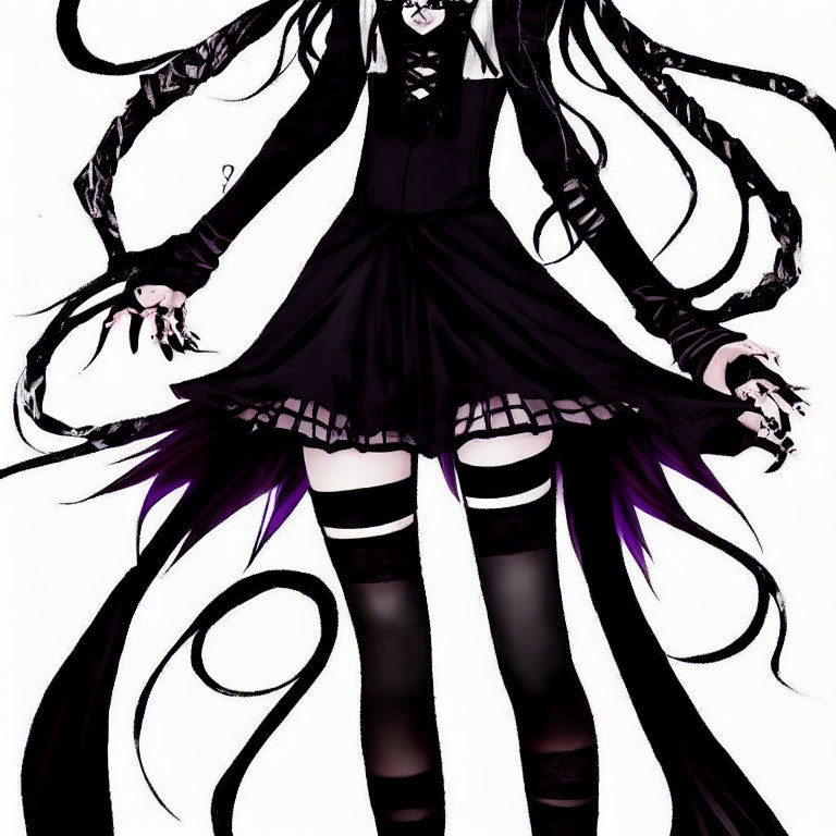 Illustrated character with long hair and gothic attire holding small figures