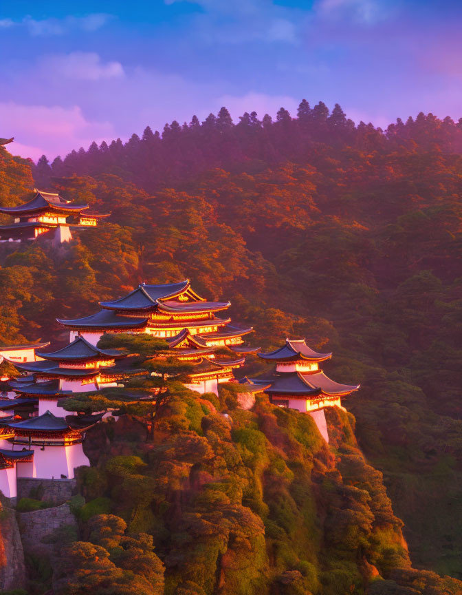 Asian Temples on Cliff at Sunset with Purple Sky