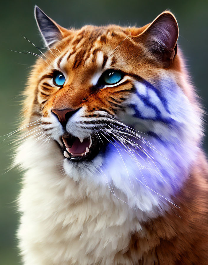 Digital artwork: Tiger and house cat fusion with blue eyes and fangs