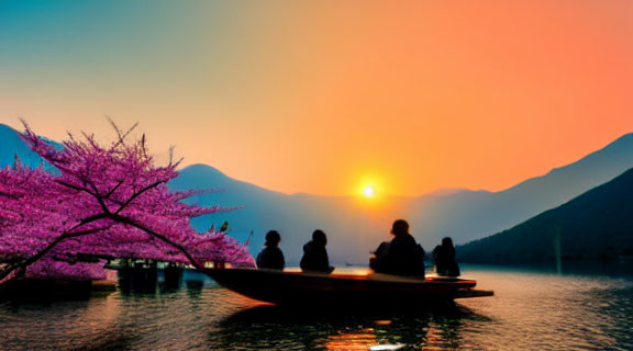 Tranquil sunset scene with silhouetted figures on boat, pink tree in bloom, mountains