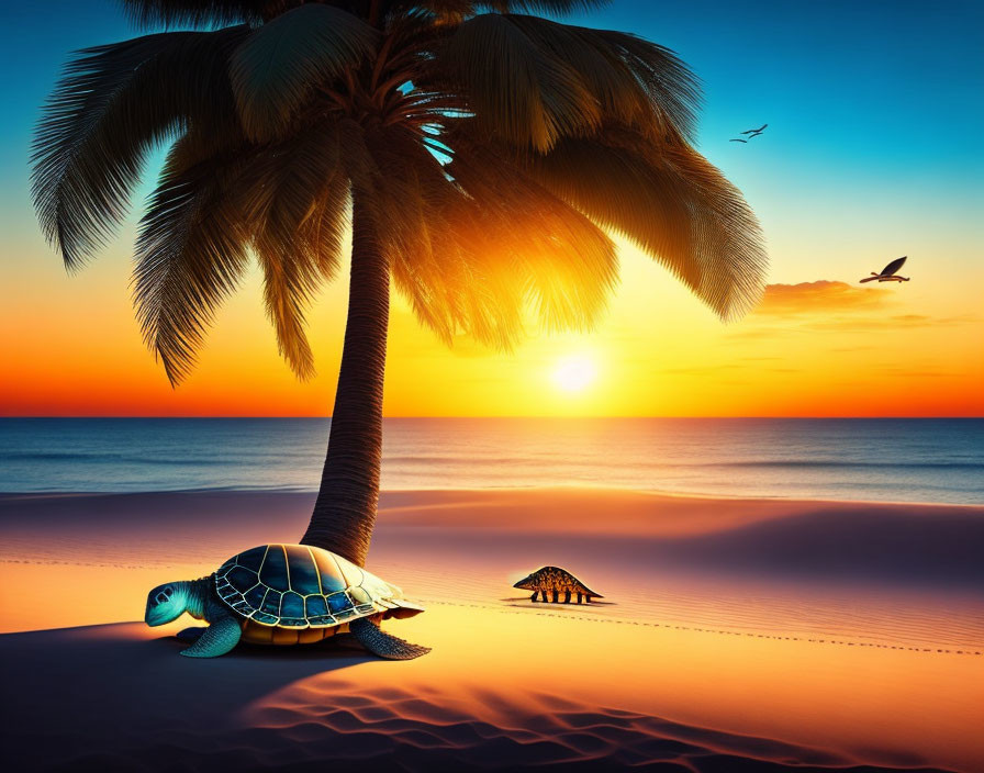 Colorful Beach Sunset with Palm Tree, Turtles, and Birds