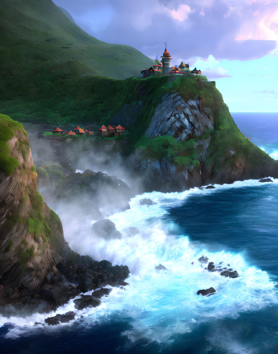 Cliff-side village with temple overlooking ocean waves and mist