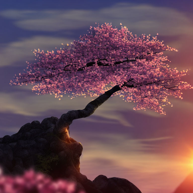 Blooming cherry blossom tree over rocks at sunset with pink and purple hues