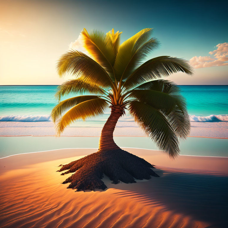 Serene Beach Scene: Solitary Palm Tree, Golden Sand, Turquoise Sea, Colorful Sunset