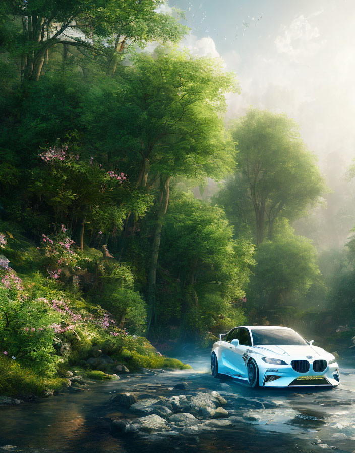 Blue Sports Car Parked by Serene Forest Stream