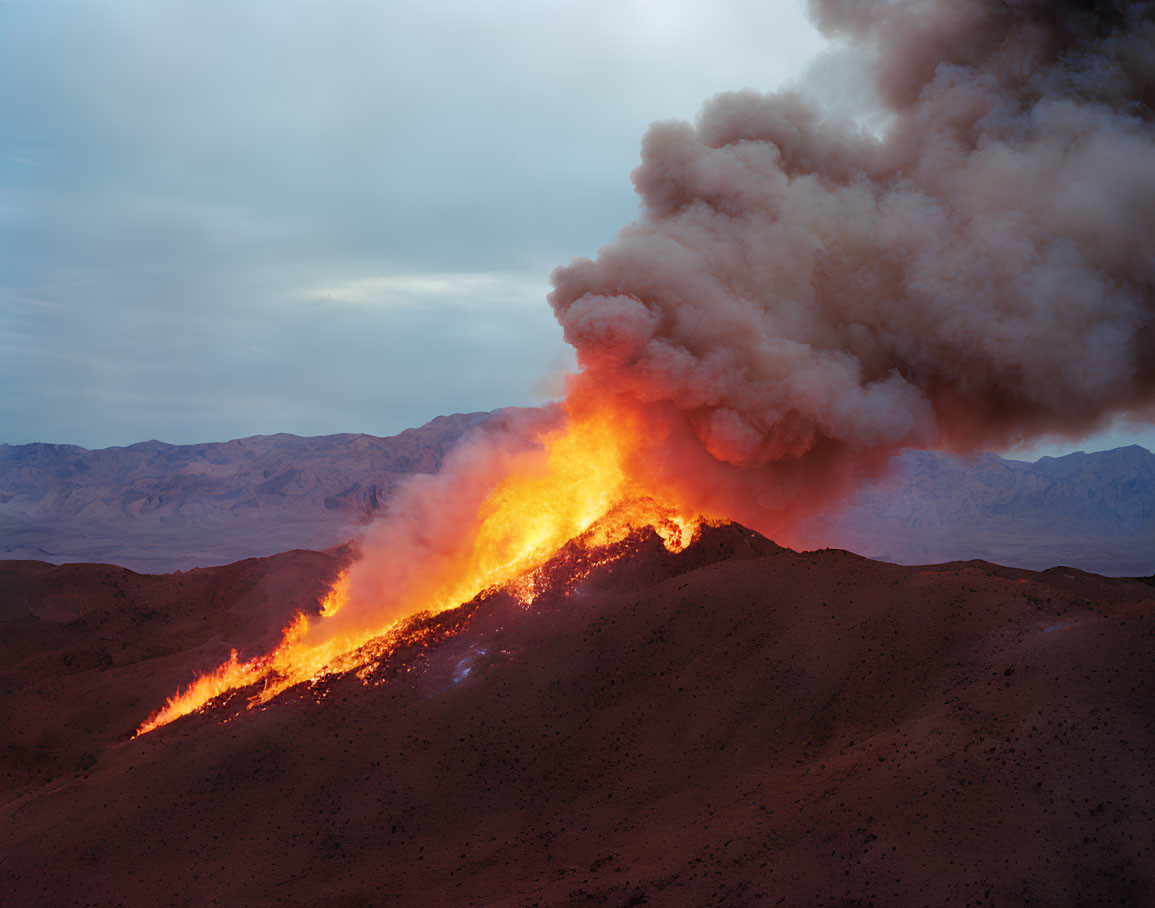 Bright lava flowing in volcanic eruption against twilight sky