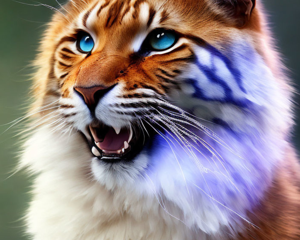 Digital artwork: Tiger and house cat fusion with blue eyes and fangs