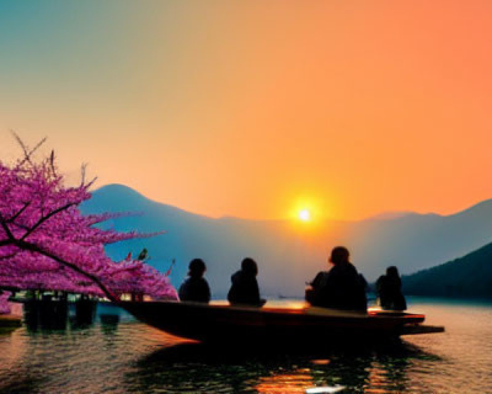 Tranquil sunset scene with silhouetted figures on boat, pink tree in bloom, mountains