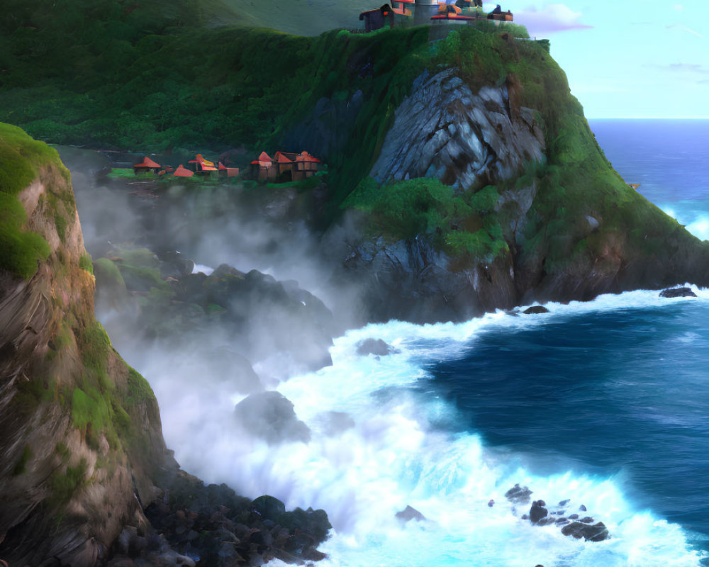 Cliff-side village with temple overlooking ocean waves and mist