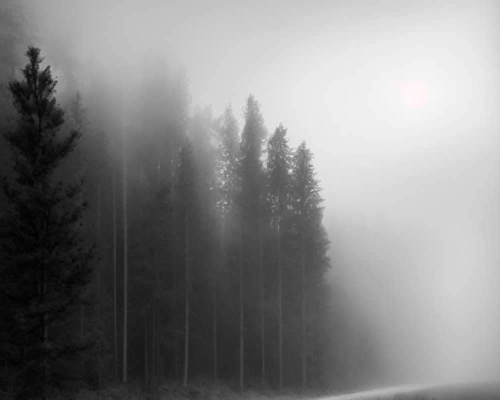 Misty Forest with Tall Trees and Winding Road