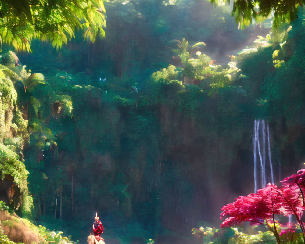 Person riding horse in lush jungle with waterfall view