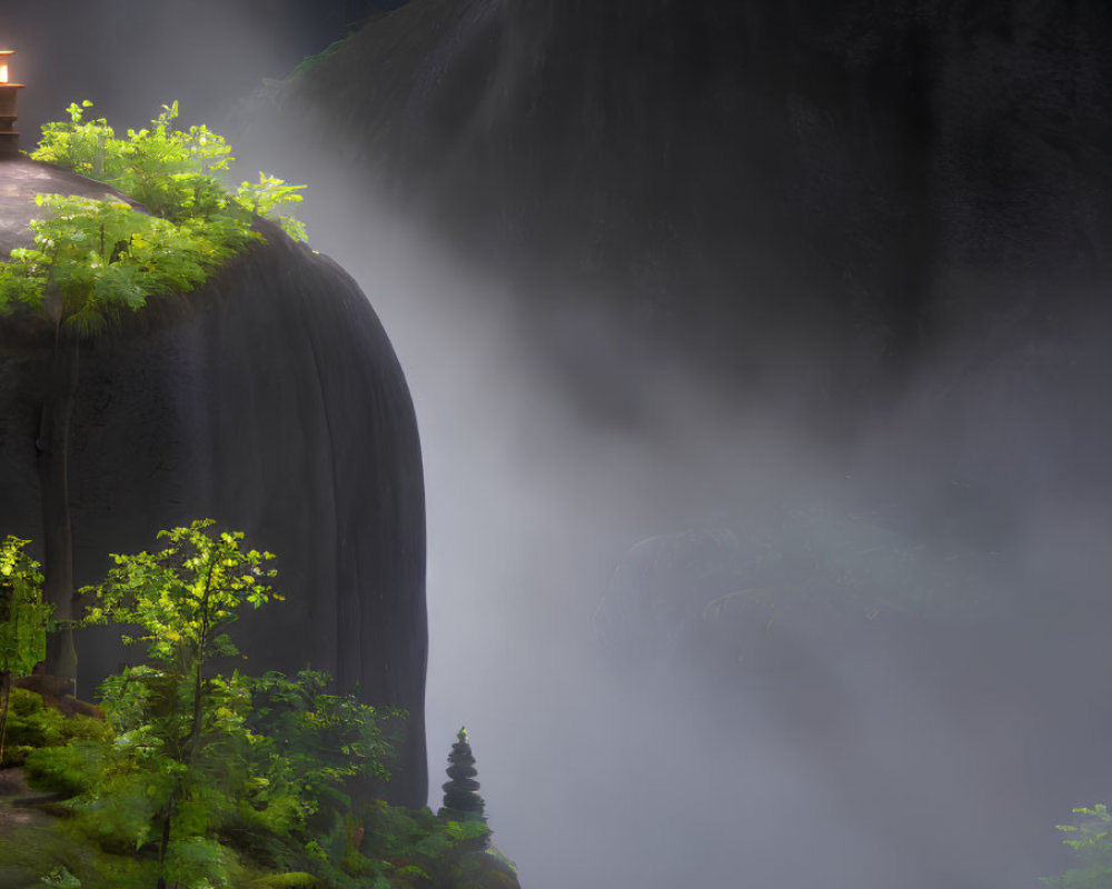 Serene waterfall landscape with lush greenery and pagoda structure