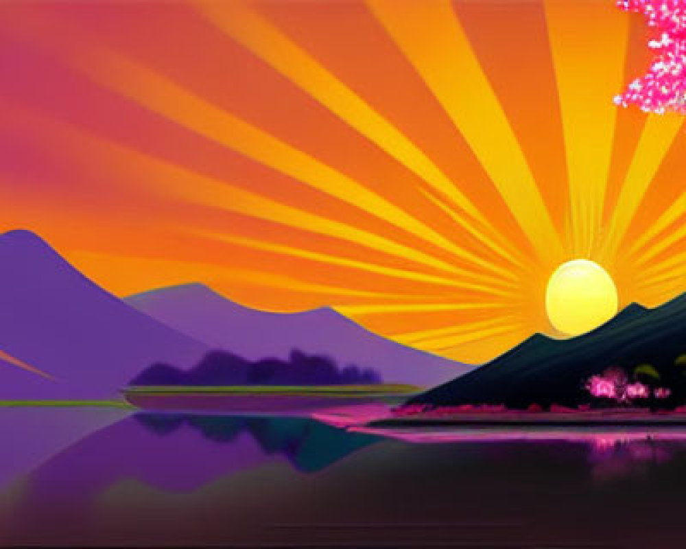 Colorful digital artwork of sunset over lake with mountains and trees.