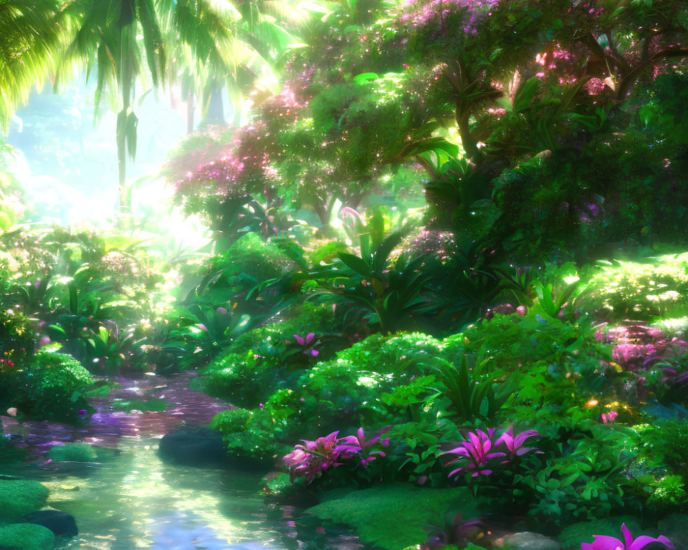 Lush garden with pink-flowered trees and small stream