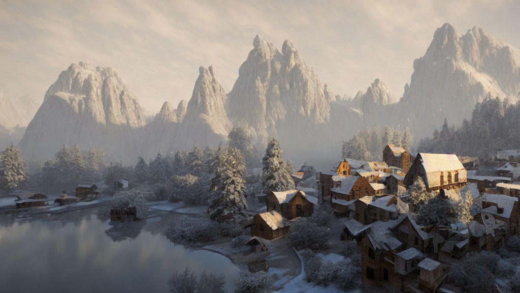 Snow-covered houses and trees by a calm lake in winter scene