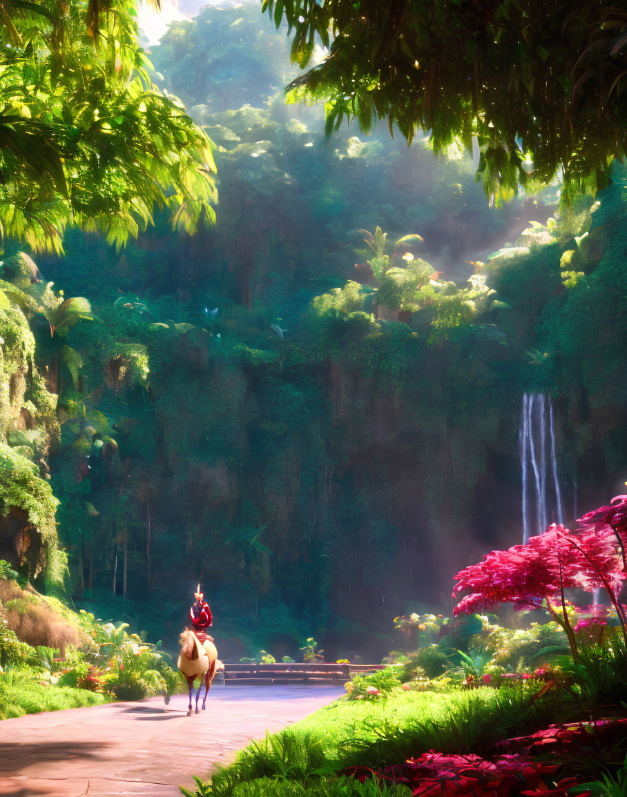 Person riding horse in lush jungle with waterfall view