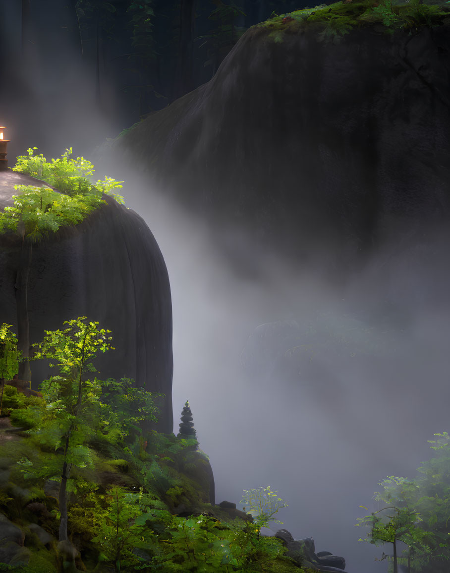 Serene waterfall landscape with lush greenery and pagoda structure