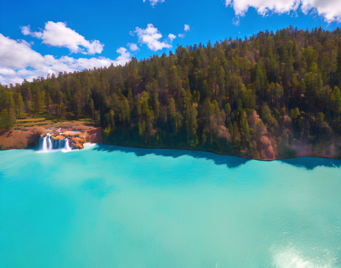 Turquoise Lake with Waterfall Surrounded by Lush Forests