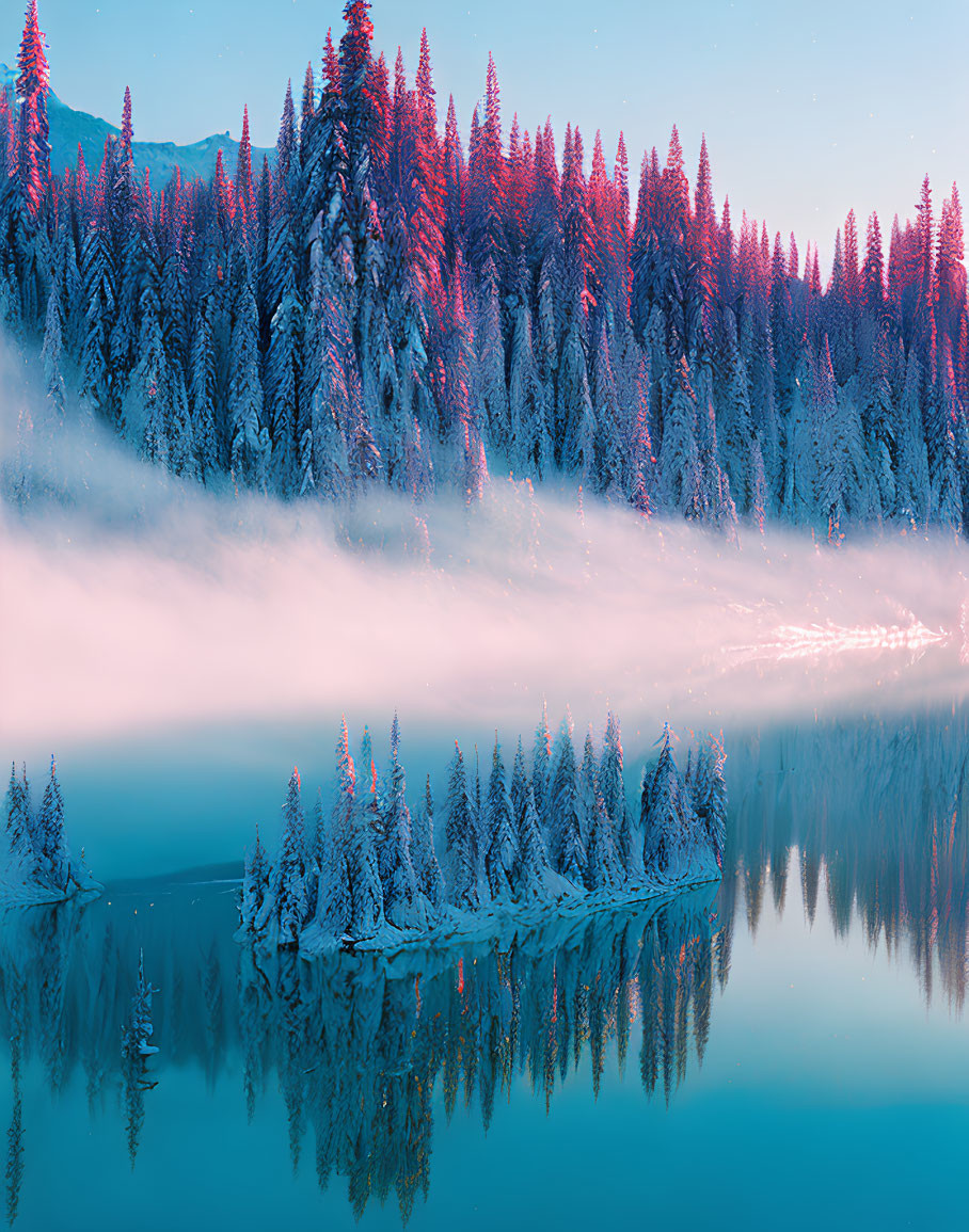 Tranquil snow-covered pine trees reflected in serene lake at dawn