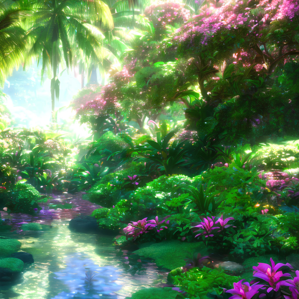 Lush garden with pink-flowered trees and small stream