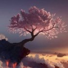 Blooming cherry blossom tree over rocks at sunset with pink and purple hues