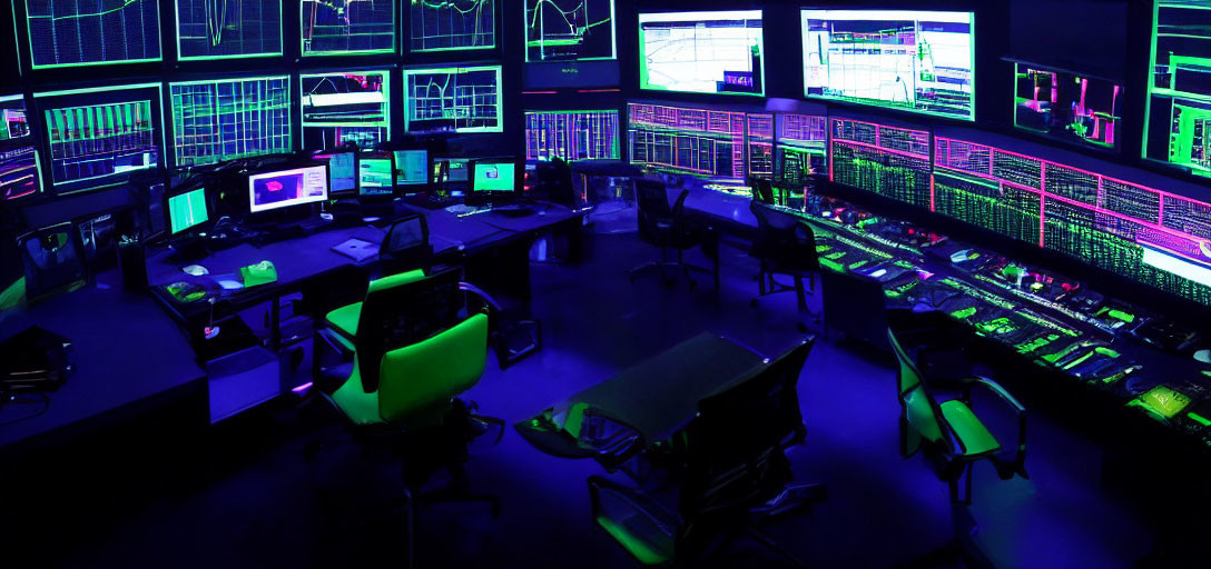 Modern control room with glowing monitors, desks, chairs, blue and purple lighting