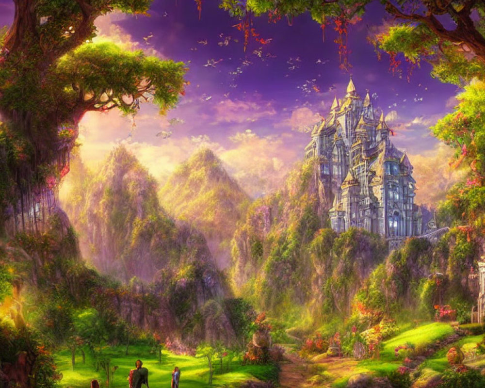 Fantasy landscape with castle, hills, flora, and twilight sky