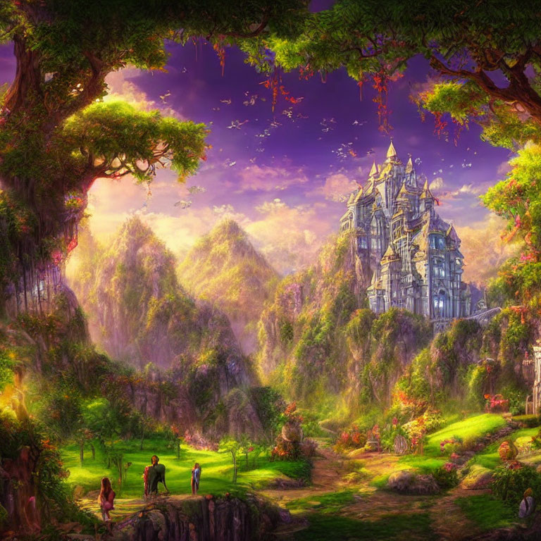 Fantasy landscape with castle, hills, flora, and twilight sky