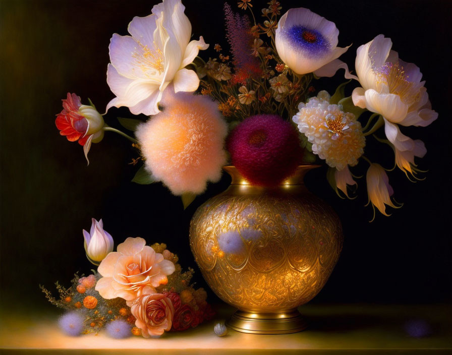 Vibrant bouquet in golden vase on dark background