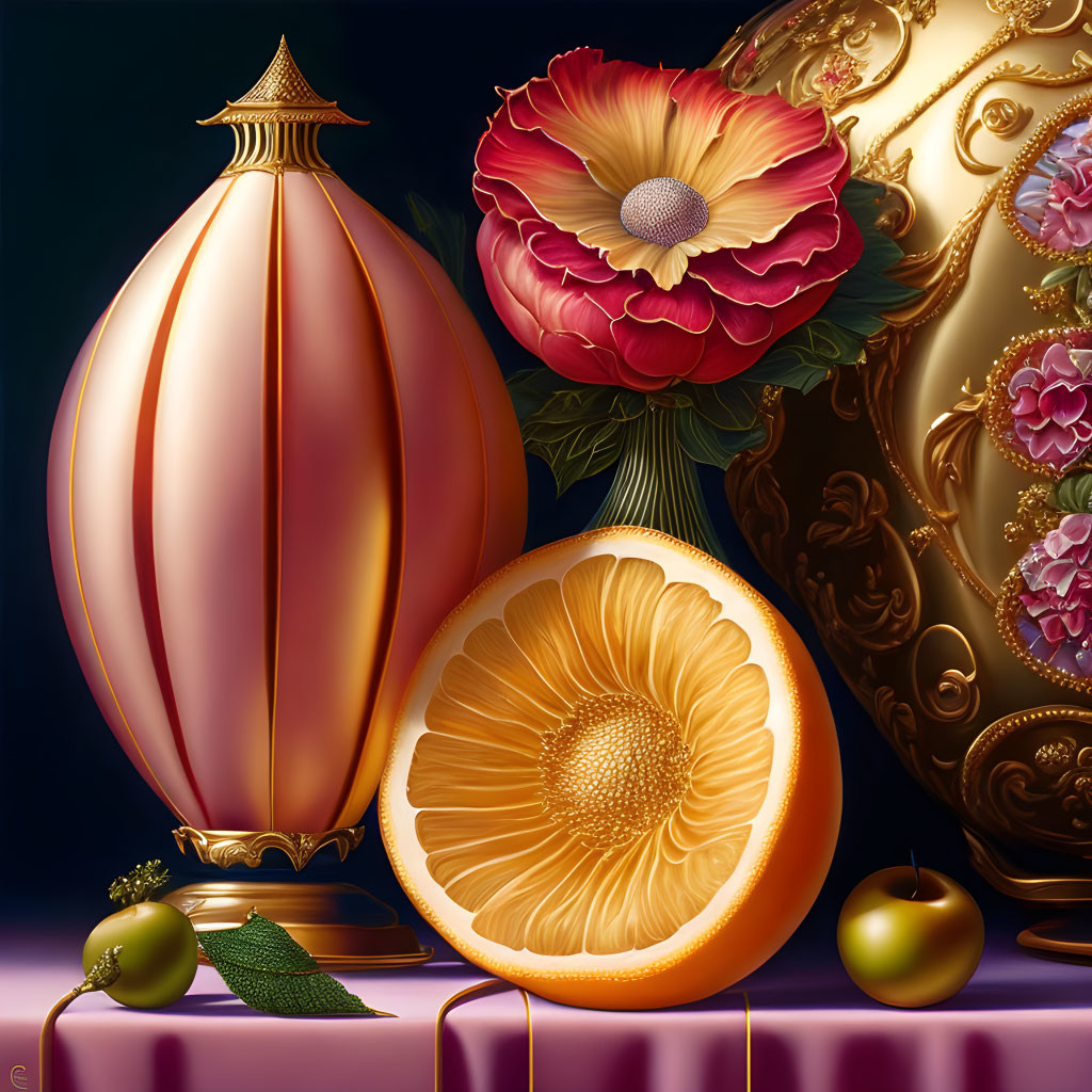 Lustrous peach, apple, green ornament, red flower in ornate vase on dark background