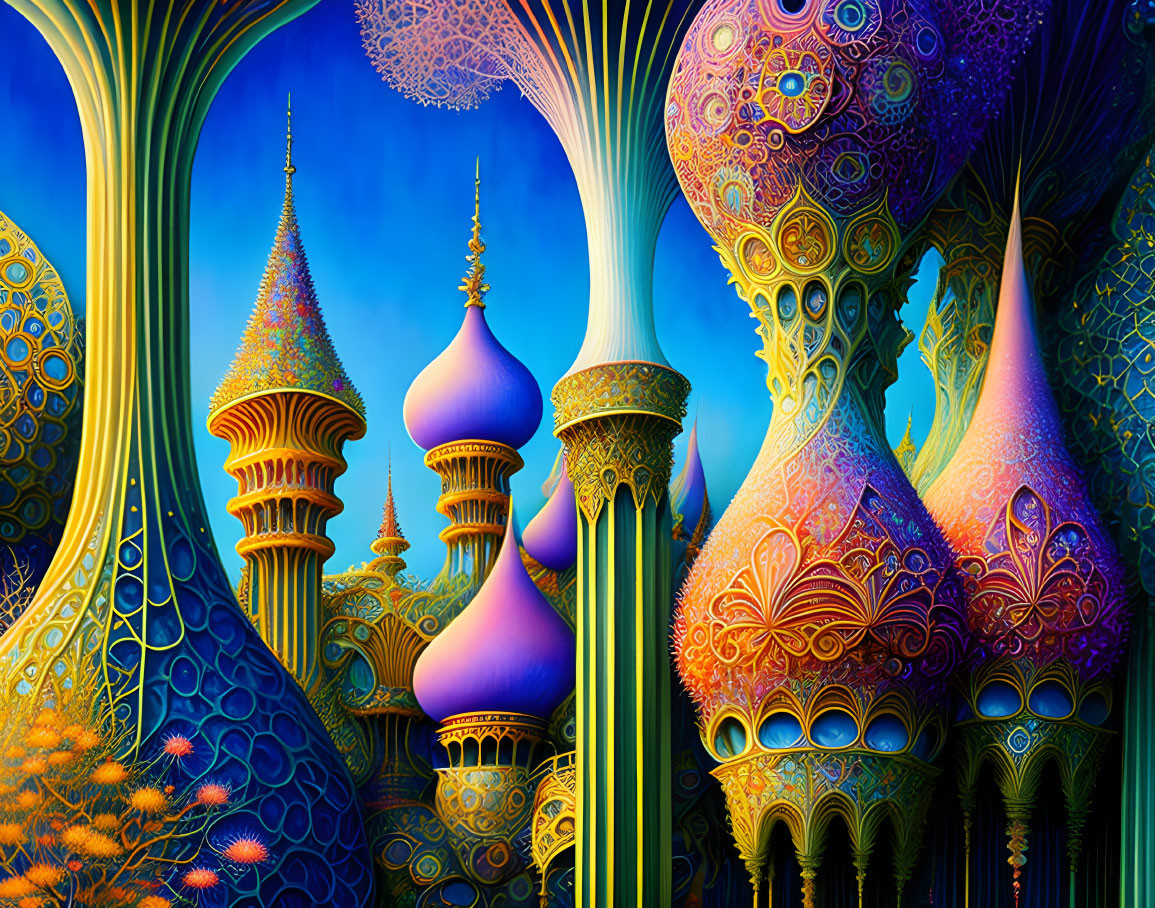Colorful Onion-Domed Structures in Vibrant Fantasy Landscape