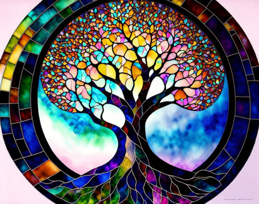 Colorful Tree Stained Glass Artwork with Mosaic Pattern