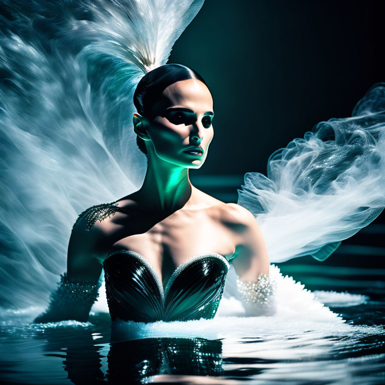 Woman in dramatic headpiece emerges from dark water with ethereal mist