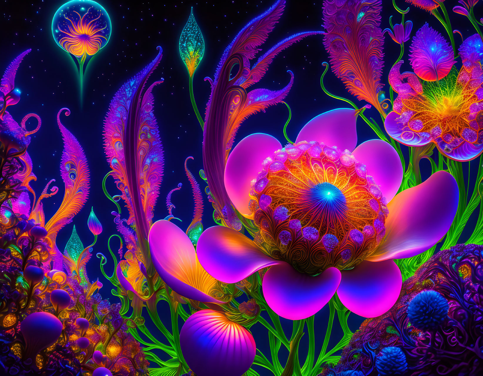 Colorful digital artwork: Neon plants and flowers in starry night setting