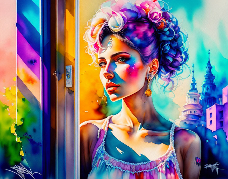 Vibrant woman with makeup and hair rollers in colorful urban setting