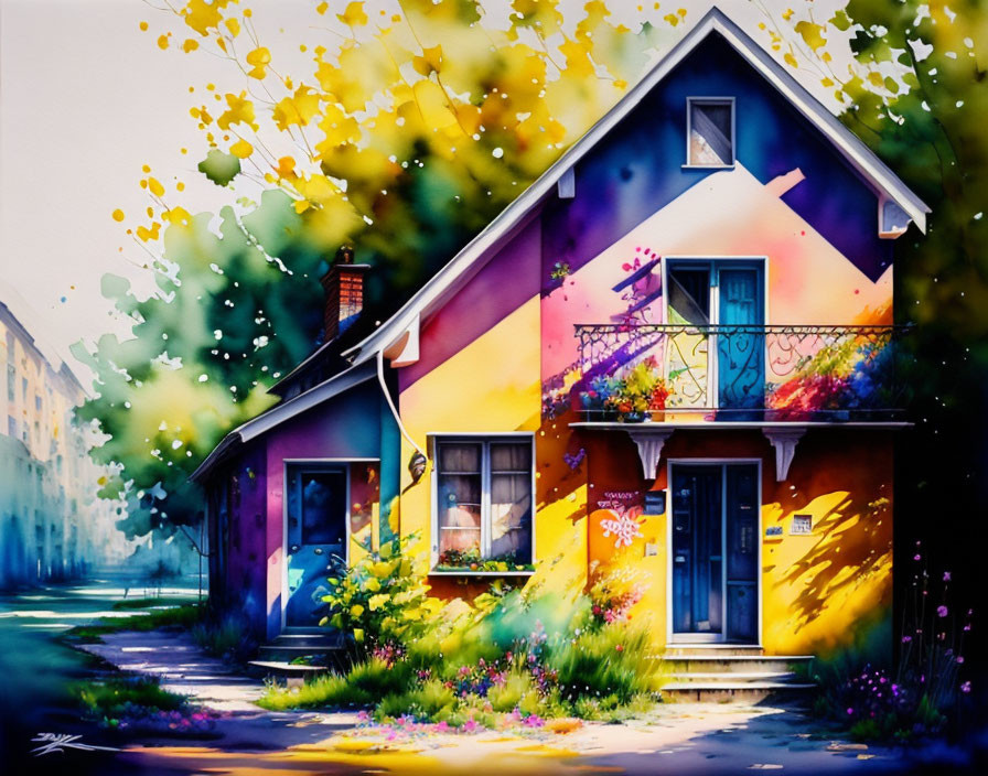 Colorful Watercolor Painting of a House with Foliage Splashes