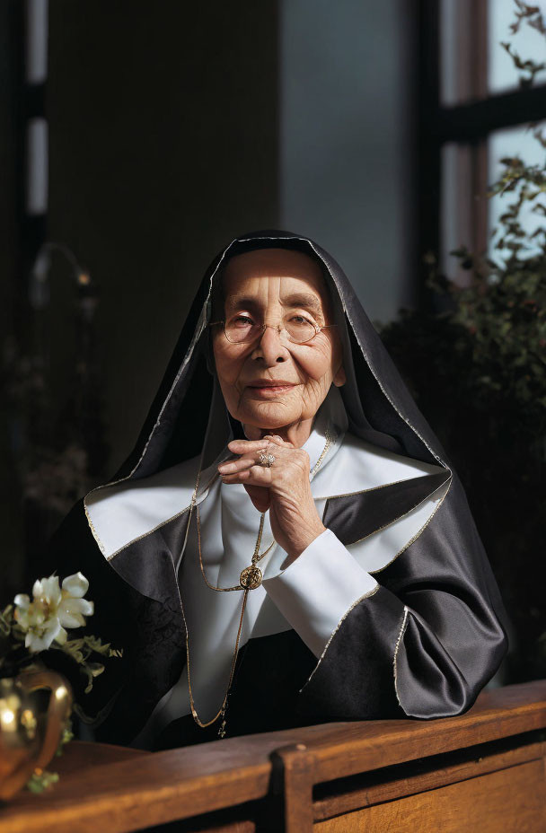 Elderly nun in traditional habit gazes out window with crucifix necklace