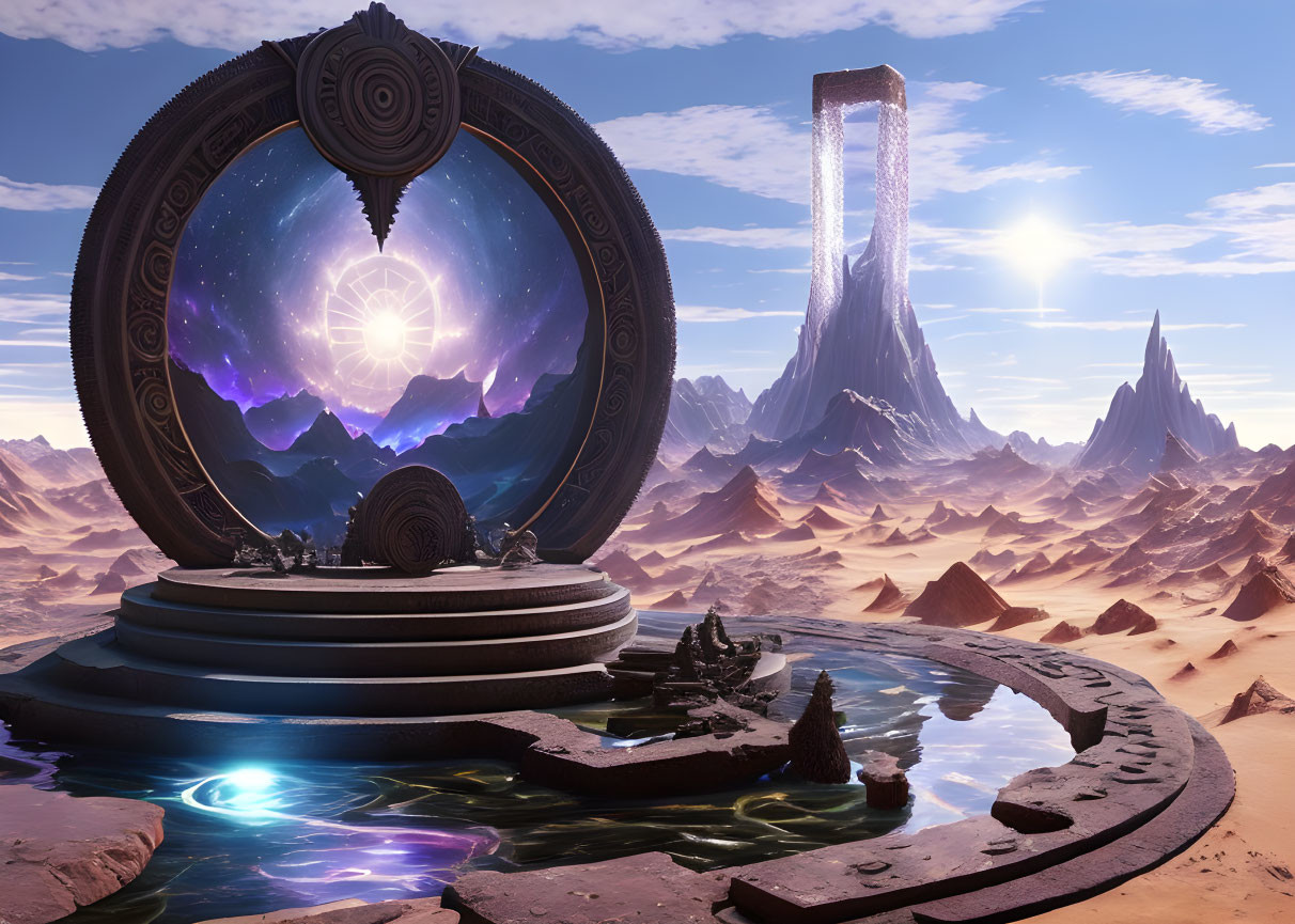 Ornate futuristic portal on platform with cosmic landscape