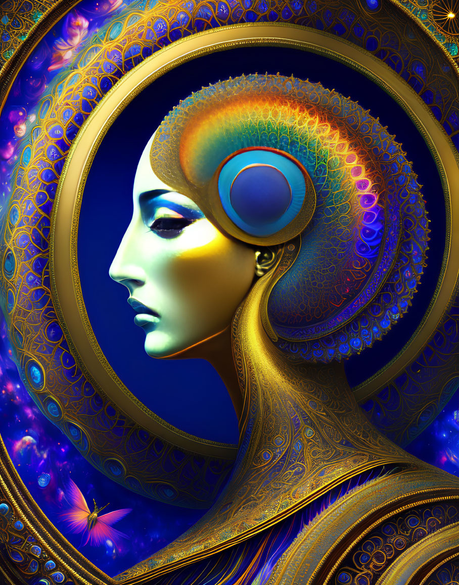 Profiled humanoid face digital artwork with fractal ornate halo in vibrant blues and golds.