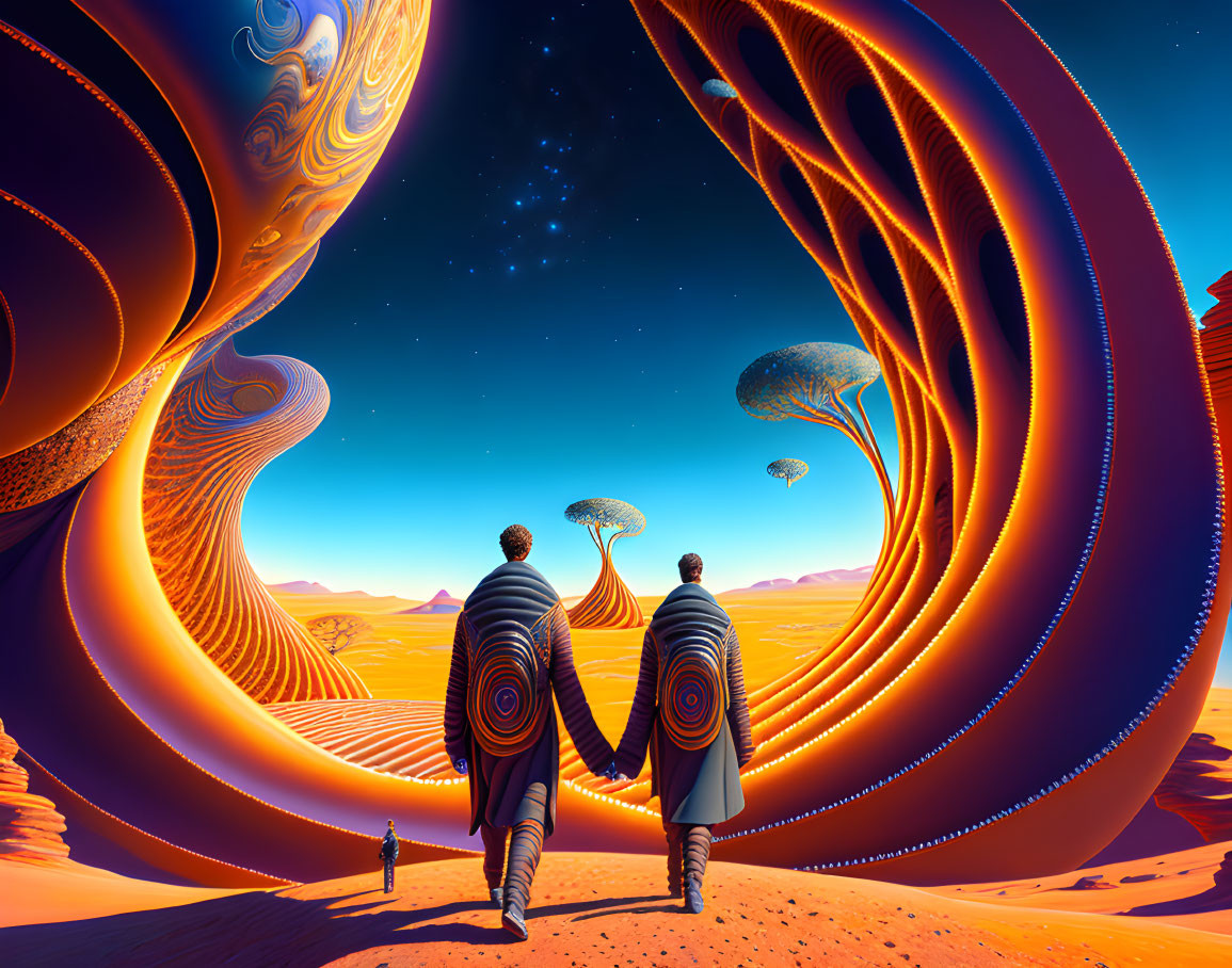 Surreal desert landscape with two figures holding hands