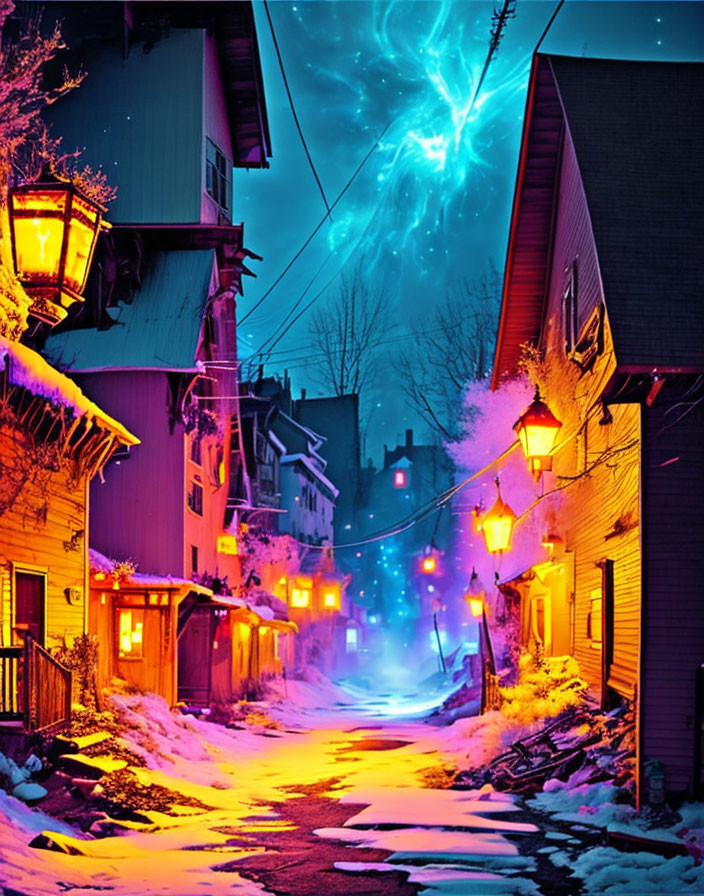 Snow-covered street with illuminated lanterns and colorful facades