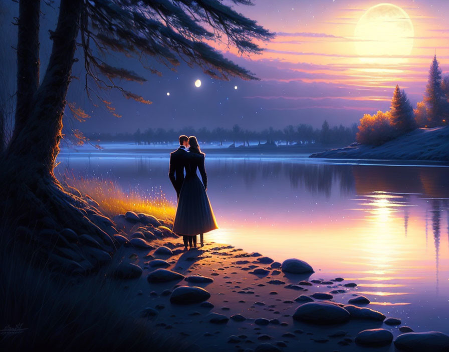 Romantic couple embraces by serene lake under twilight sky.